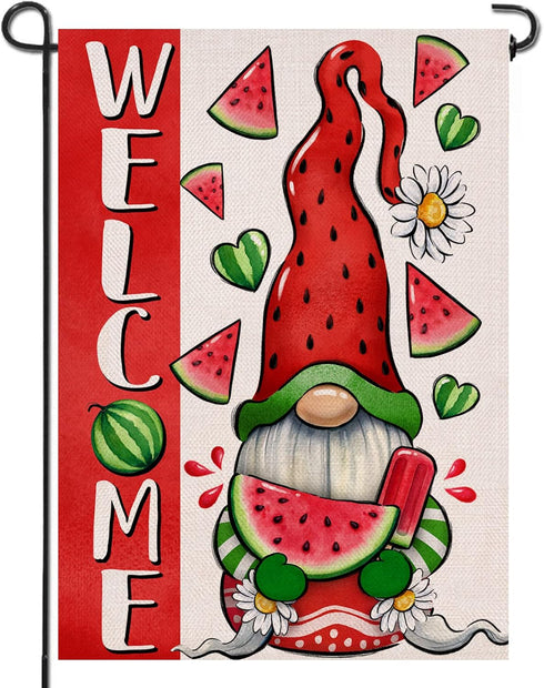 Welcome Summer Watermelon Gnome Small Decorative Garden Flag, Popsicle Daisy Lawn Decor, Seasonal Farmhouse Burlap