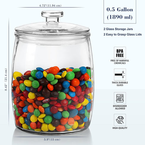 Half Gallon Glass Jars with Lid, Set of 2 Wide Mouth Cookie Jars for Kitchen Storage and Organization