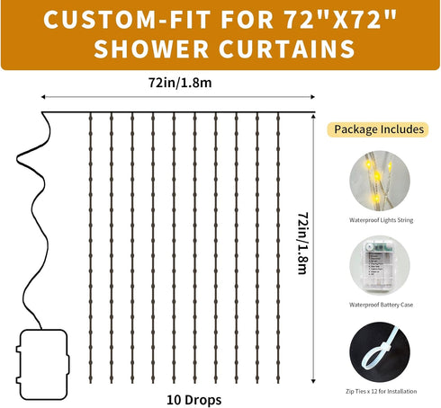 Patioman 72 Inch 8 Waterproof LED Shower Curtain Lights - Fairy Lights for Bathroom, Modes Warm White Spa Mood Lighting