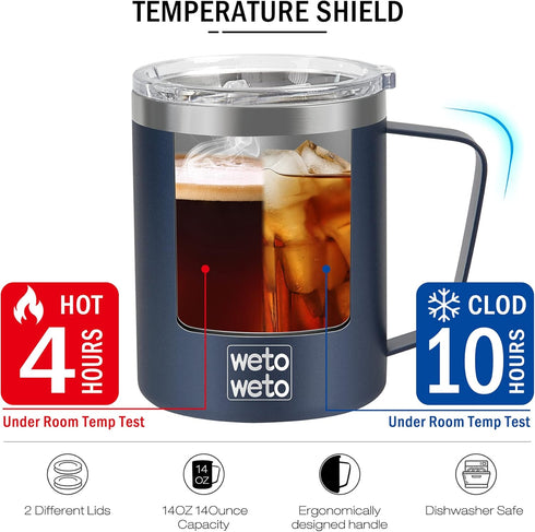 14 oz WETOWETO Coffee Mug, Vacuum Insulated Camping Mug with Lid, Double Wall Stainless Steel Travel Tumbler Cup