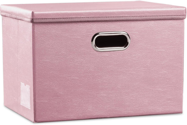 PRANDOM Large Collapsible Storage Box with Lid - 1-Pack Pink Leather Fabric Foldable Organizer Container for Home,