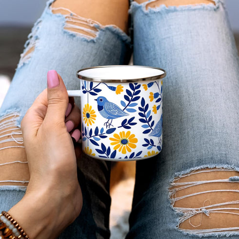 Camping Coffee Mug Floral Bird Enamel, Nature Flowers Botanical Gift Cup for Women, Mom, Friend (12oz)