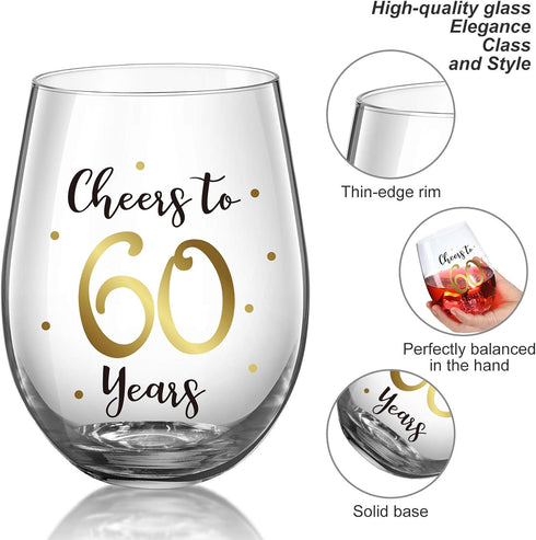 Gold Birthday Stemless Wine Glass - 17 oz Present for Men Women Party Wedding Anniversary Decorations (Cheers to 60