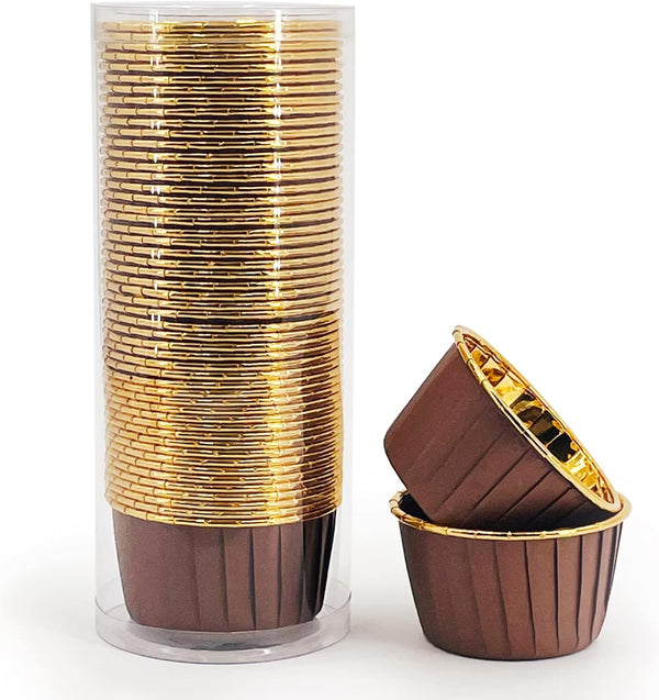 Party Hippo Disposable Foil Muffin Liners, Gold Aluminum Cupcake Holders, 50 pcs Little Baking Cups (Coffee), 3.5 Oz
