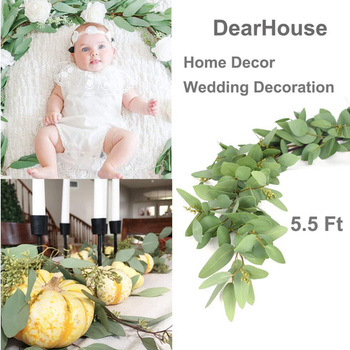 DearHouse 5.5ft Seeded Eucalyptus Garland, Faux Eucalyptus Leaves Table Garland for Wedding Backdrop Decor
