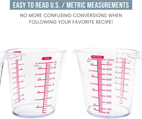 Chef Pomodoro 3-Piece Liquid Measuring Cups Set - Includes 1, 2, and 4 Cup, BPA-Free Plastic, Stackable Nesting