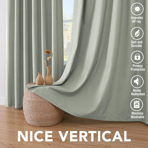 84 Inches 100% Grommet 2 H.VERSAILTEX Bedroom Curtains Blackout, Sage Green Linen Blackout Curtains Long, Blackout