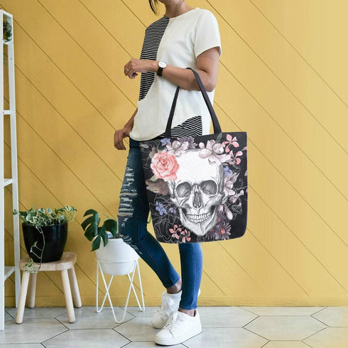 Naanle Day of The Dead Canvas Tote Bag - Large Floral Skull Reusable Cotton Handbag for Shopping, Outdoors