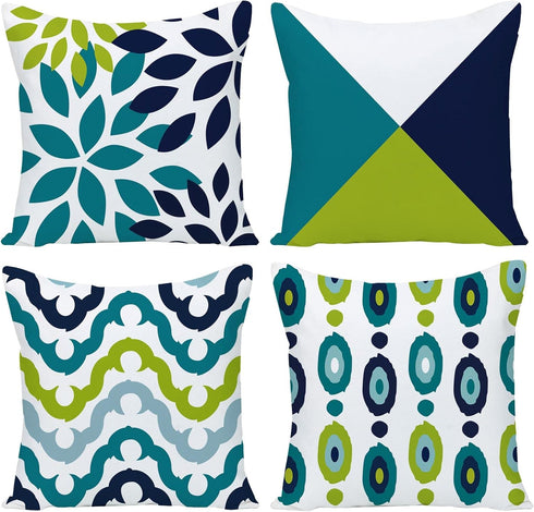 Decorative Green Blue Abstract Throw Pillow Covers 16x16 Inch, Set of 4 Geometric Cotton Linen Cushion Covers