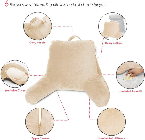 Nestl Reading Pillow with Shredded Memory Foam, Designed for Sitting Up in Bed and Couch, Back and Arms Adjustable