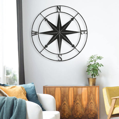aboxoo Round Metal Compass, Decorative Compass Metal Wall Art, 11 Inch Black Diameter Farmhouse Indoor Outdoor Decor