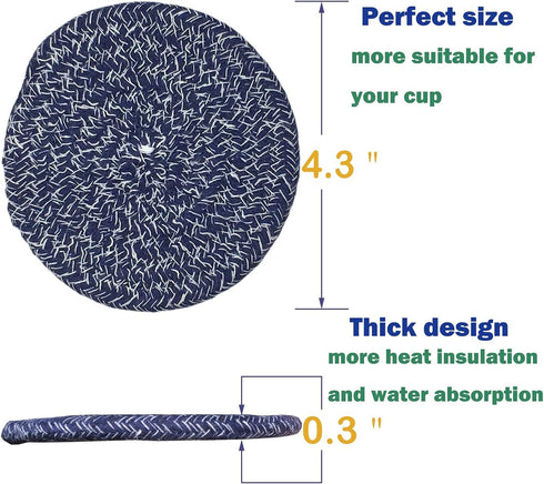 6 Pcs Woven Braided Coasters for Drinks, Absorbent Modern Dining Room Decor, Housewarming Cup Mat (Navy Blue)