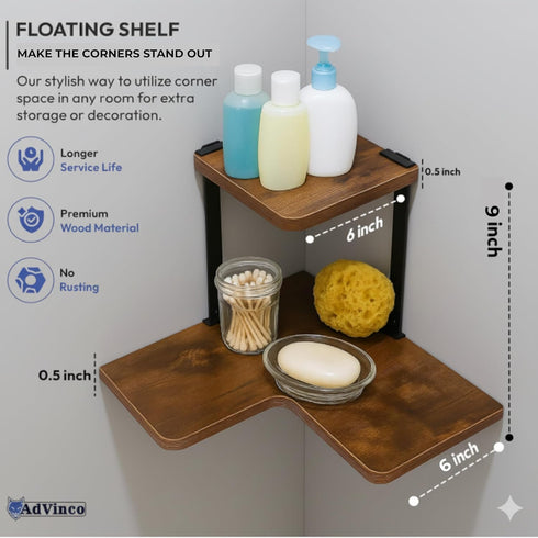 AdVinco Set 2 Rustic Brown Floating Shelves of with Corner Shelf Wood Wall Mounted Shelves for Kitchen, Bathroom
