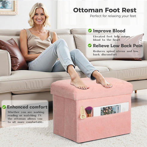 300 lbs, 17x13x13IN Storage Ottoman, Folding Ottoman Foot Rest Stool with Thicker Furry Padded Seat. Soft Fur Small