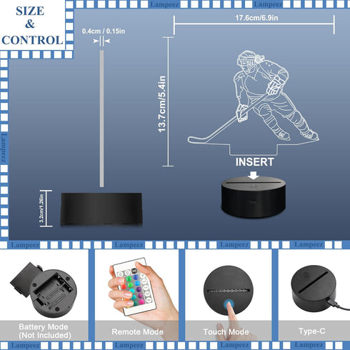 3D 16 Dimmable Lampeez Ice Hockey Player Night Lights for Girls, LED Colors Remote Control Changing Touch Table Desk
