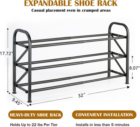 3-Tier ClosetAdjustable Closet Expandable Shoe Rack for Shoe RackBlack Metal Free Standing Shoe Rack for Entryway