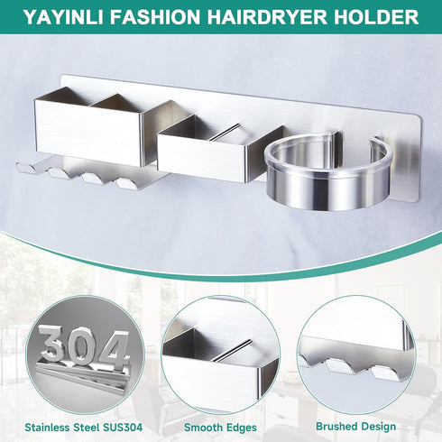 Wall Mounted Hair Dryer Holder, Hair Tool Organizer for Bathroom, Adhesive Stainless Steel Hair Dryer Hanger