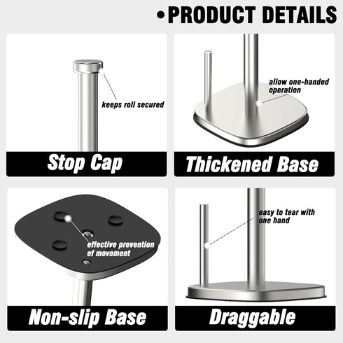 Brushed Nickel Paper Towel Holder, Standing Roll Holder for Kitchen Bathroom with Weighted Base and Suction Cups