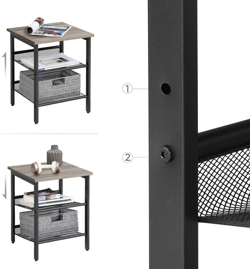 2 ULET023B02 VASAGLE INDESTIC End Table, Nightstand with Adjustable Mesh Shelves, Industrial Side Table for Living