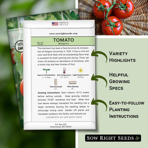 Packet (1) Sow Right Seeds - Rutgers Tomato Seeds for Planting - Non-GMO Heirloom with Instructions to Plant and Grow