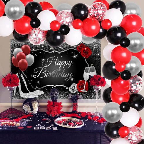 JOYMEMO Red Black and Silver Party Decorations, Women's Birthday Supplies with Balloon Garland and Backdrop