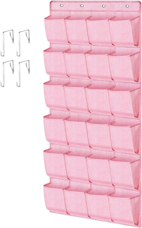 Pink Over the Door Shoe Organizer for Girls, Women, Kids Room | Hanging Rack with 24 Large Pockets & 4 Sturdy Hooks