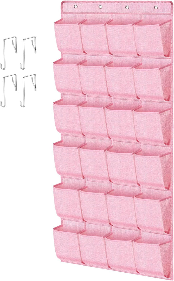 Pink Over the Door Shoe Organizer for Girls, Women, Kids Room | Hanging Rack with 24 Large Pockets & 4 Sturdy Hooks