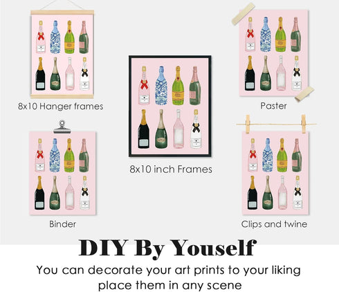 ULEGIE Set 4, 8x10 Inch Bar Cart Wall Decor, Trendy Retro Champagne Cocktail Cheers Wall Art Decor of Bar Poster, Bar