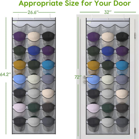 Unjumbly Baseball Hat Rack - 24 Pocket Over-The-Door Organizer with Clear Deep Pockets & 3 Hooks (Grey, 24 Pockets)