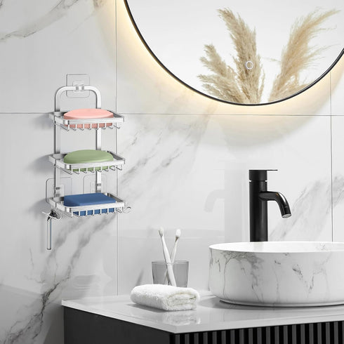 3 4 Tier Soap Bar Holder for Shower, Aluminum Wall Mounted Rustproof Soap Holder with Hooks and Razor Holder, Shower