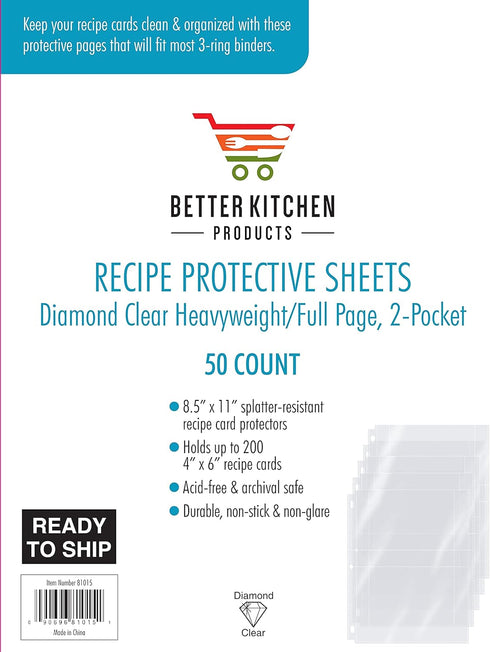 Better Kitchen Products Recipe Card Protective Sheets for 4" x 6" Cards, 50 Pack, Heavyweight, Fits Standard Binder