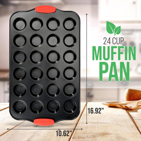 NutriChef 24-Cup Nonstick Mini Muffin Pan with Red Silicone Handles - Carbon Steel Bakeware Tray for Savory & Sweet Treats - Dishwasher Safe, Black by NutriChef