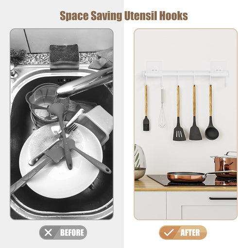 Kitchen Utensil Rack Wall Mount, White Adhesive Hanger, No Drilling, Space Saving Kitchen Holder, 2 Packs