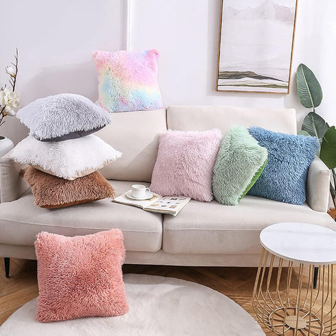 Soft Faux Fur Throw Pillow Covers, Pack of 2 Peach Blush Plush Tie Dye Pink Cushion Cases for Sofa
