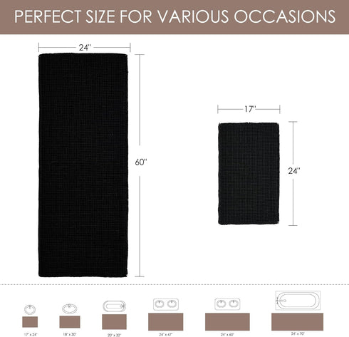 KGORGE Black Waffle Bath Mat, 17" X 24" Non Slip Ultra Soft Rug for Bathroom Decor, Boho Super Absorbent with Tassels
