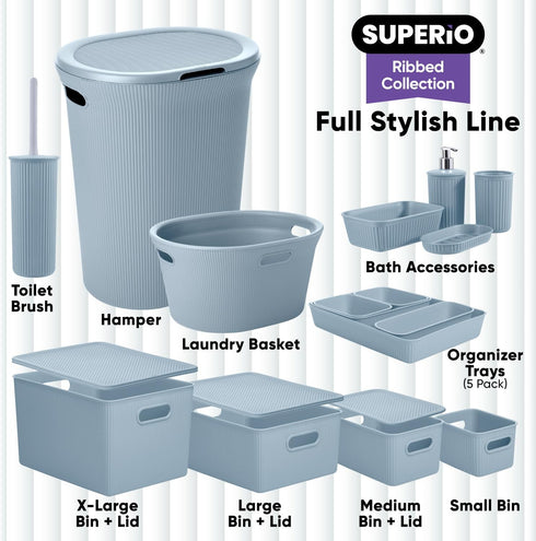 Superio Ribbed Collection - Medium Blue Decorative Plastic Open Storage Bins Organizer Baskets (1 Pack)