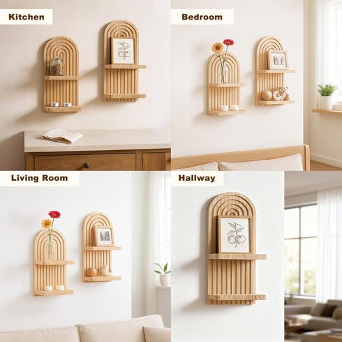 2 Pack 2 Artilady Boho Wall Hanging Shelves - Tier Handmade Rainbow Arch Solid Wood Floating Shelf Wall Decor Trinket