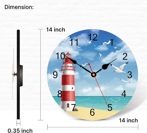 TAHEAT Lighthouse Seagull Ocean Wall Clock, 14 Inch Wooden Battery Operated Silent Non Ticking Easy to Read Clock for