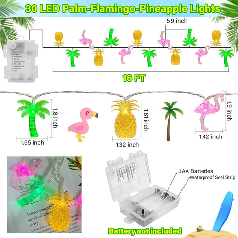 30 16Ft Summer 8 Couah LED Beach Hawaiian String Lights - Modes & Timer - Flamingo Pineapple Palm Tree Fairy Lights