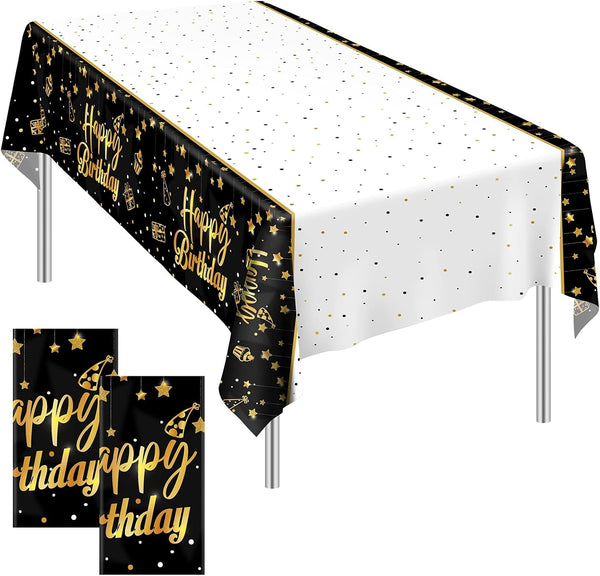 Ruisita 2 Pack Black Gold Table Cloth Cover, Happy Birthday Tablecloths for Indoor or Outdoor Parties