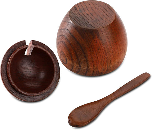DEAYOU 3 Pack Wood Salt Box Spice Jar, Natural Wooden Salt Cellar with Lid and Spoon for Kitchen, Japanese Style