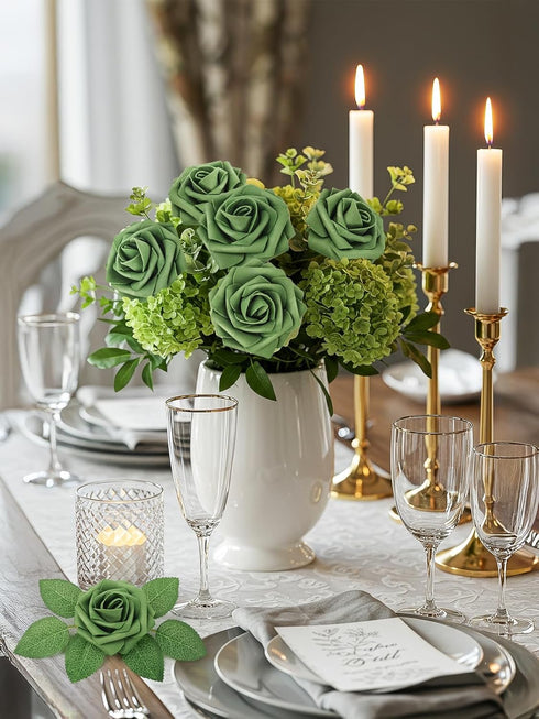 N&T NIETING 25pcs Artificial Roses Foam Flowers with Stems for DIY Cake Decoration, Army Green