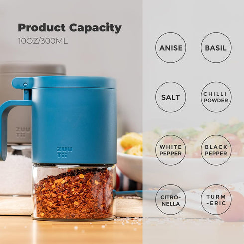 Zuutii Glass Spice Jars, Moisture-Proof Mini Seasoning Storage Jars Set of 2, 10oz with Spoons, Blue
