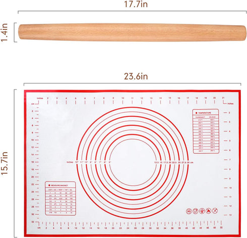 QUELLANCE Wood French Rolling Pin for Baking, Wooden Dough Roller with Silicone Baking Mat, Beech Wood, Red Pastry Mat