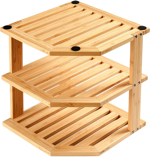Countertop Umilife Plate Organizer for Cabinet, Bamboo Corner Shelf, Dish & Bread Organizer, Spice Rack, Kitchen