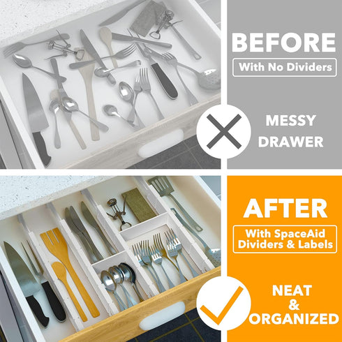 SpaceAid Bamboo Drawer Dividers with Inserts, Adjustable Kitchen Organizers, 4 Dividers (17-22 in, White)