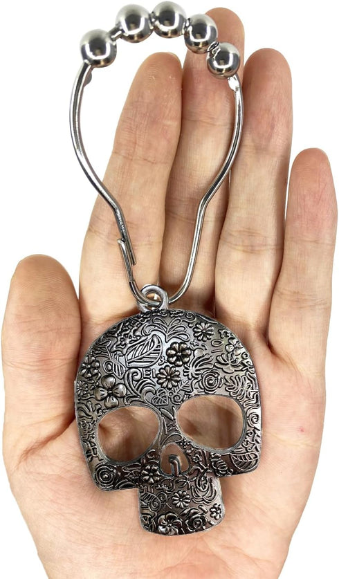 Set of 12 Decorative Sugar Skull Shower Curtain Hooks - Stainless Steel Rustproof Skeletons Bathroom Rings (Black)