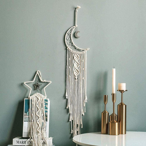 2pcs Tarklanda Moon Star Dream Catcher Decor, Boho Home Moon Star Dreamcatcher, Macrame Wall Hanging Boho Home Decor
