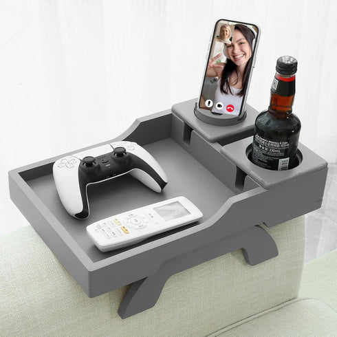 Couch Cup Holder, 4-in-1 Side Couch Arm Tray with Phone Holder, Sofa Clip on Side Table for Home Drinks and Snacks