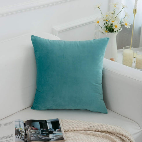 RainRoad Velvet Decorative Throw Pillow Covers - Soft Square Light Teal Cushion Cover 18x18 Inch, Set of 2
